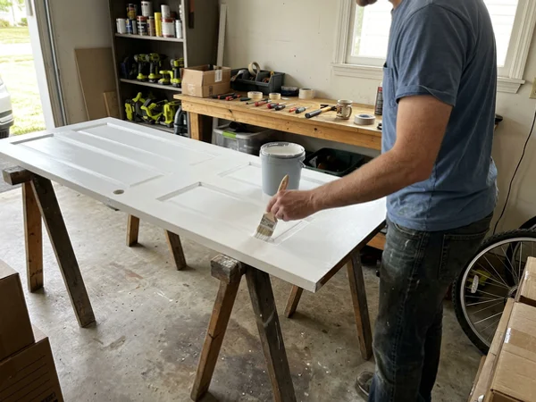 Brushing an interior door with white trim enamel