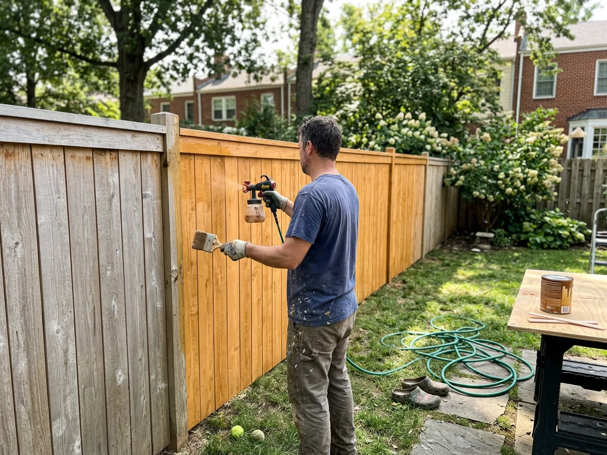 Cedar privacy fence being stained a warm tone in an Austin backyard