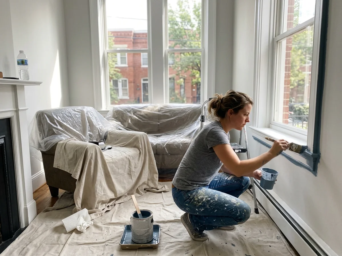 Painter cutting in along white trim in a sunny Austin living room with furniture covered