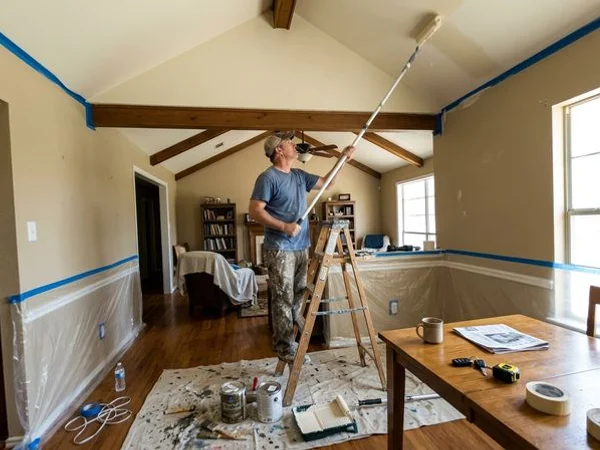 Rolling a vaulted ceiling with an extension pole