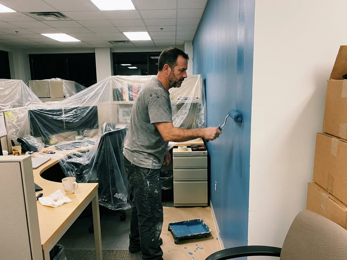 Painter rolling an office wall at night with desks wrapped in plastic
